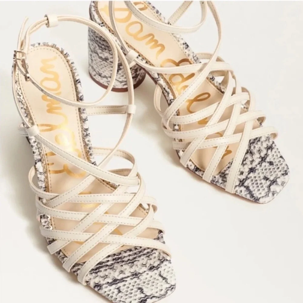 Sam Edelman Daffodil Strappy Snake Print Heeled Sandals IVORY Leather